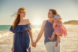 lesbisches Paar geht mit einem Kind am Strand spazieren